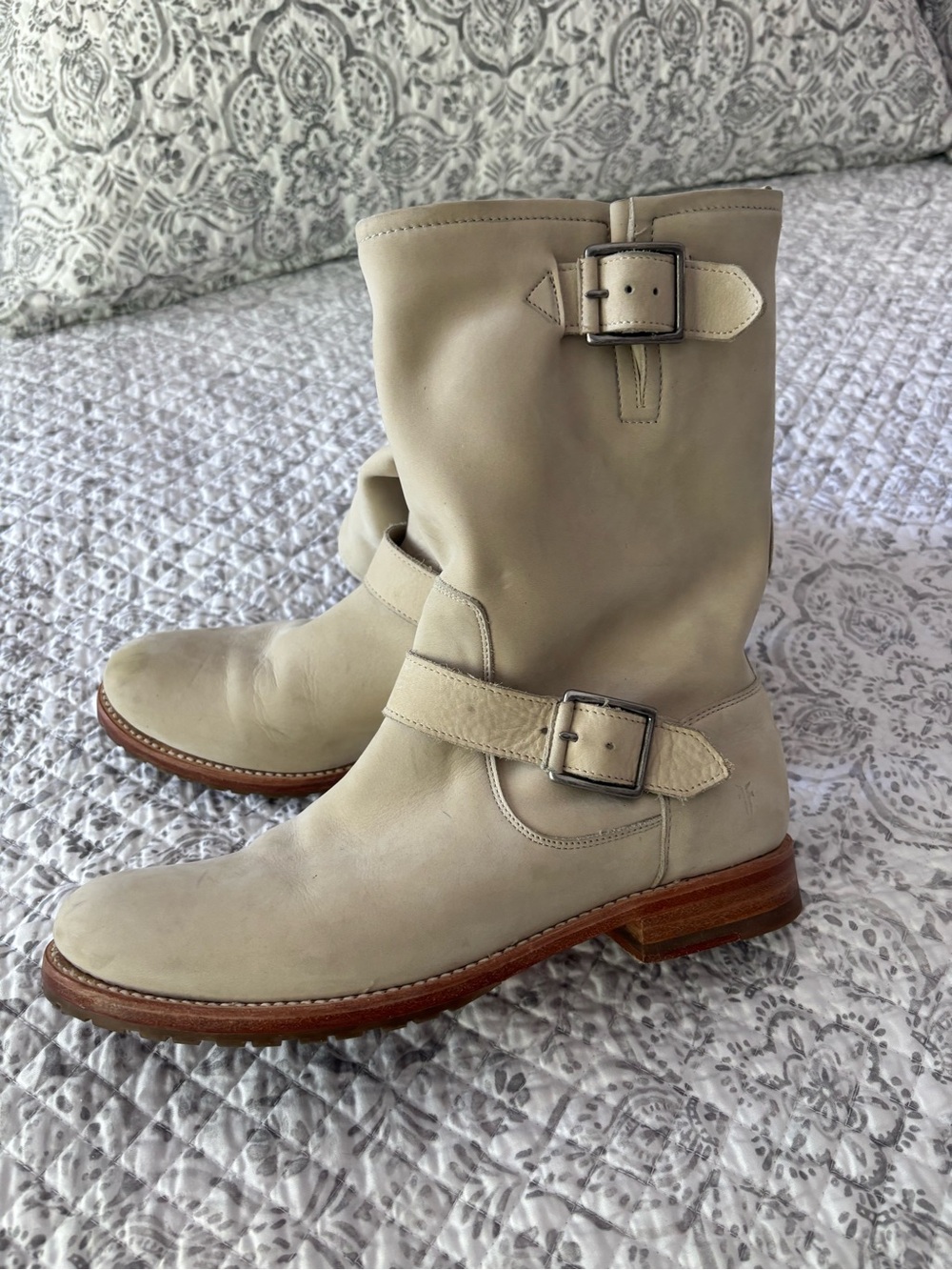 Women’s Frye Cream Leather Buckle Mid-Calf Boots